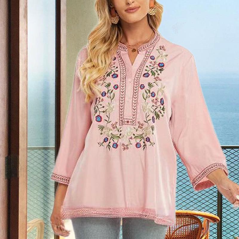 Damen-T-Shirt aus Baumwolle mit Buddha Stones und Stickerei in reiner Farbe und Blumenmuster, langärmelig, V-Ausschnitt