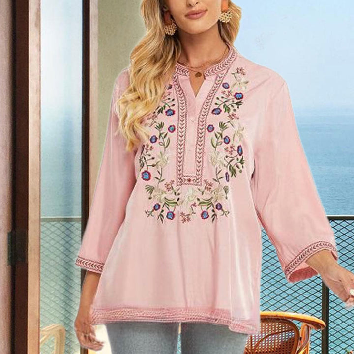 Damen-T-Shirt aus Baumwolle mit Buddha Stones und Stickerei in reiner Farbe und Blumenmuster, langärmelig, V-Ausschnitt