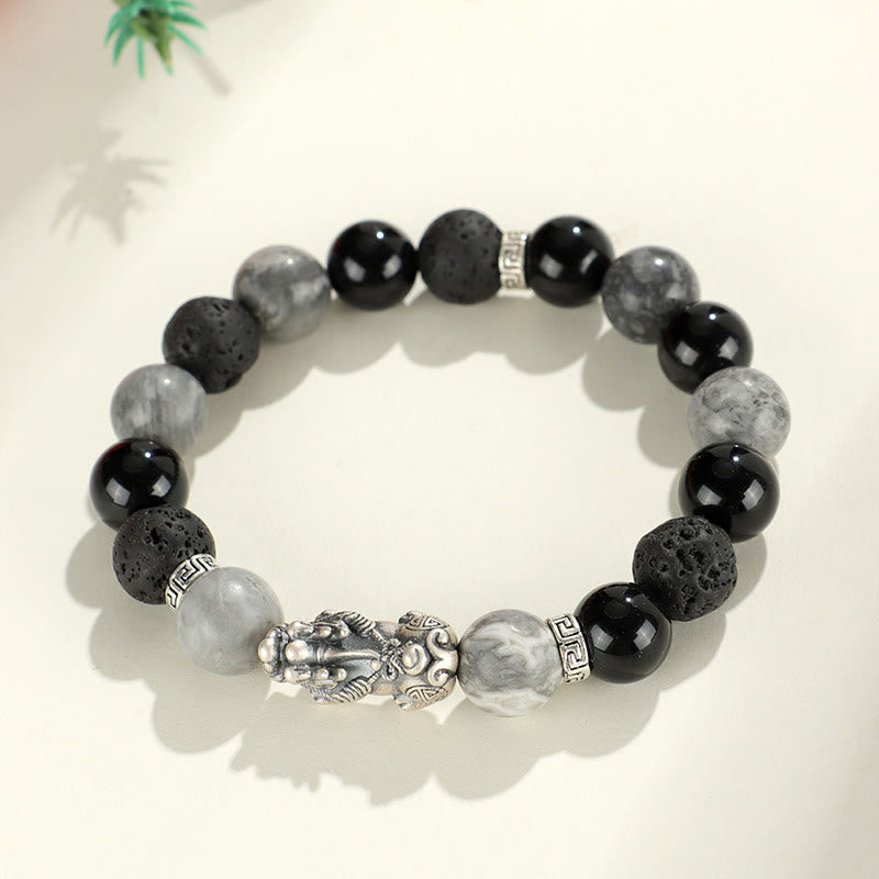 Buddha Stones 999 Sterling Silber PiXiu Schwarzer Onyx Grauer Jaspis Lavastein Schutzarmband - image 11