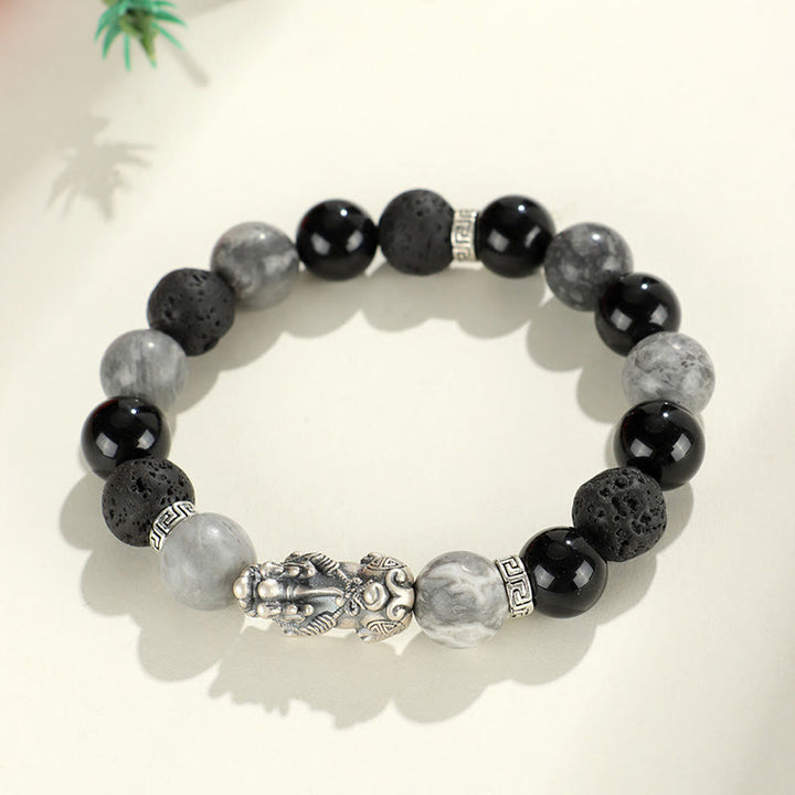Buddha Stones 999 Sterling Silber PiXiu Schwarzer Onyx Grauer Jaspis Lavastein Schutzarmband - image 11