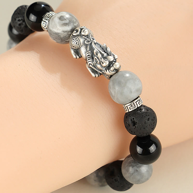 Buddha Stones 999 Sterling Silber PiXiu Schwarzer Onyx Grauer Jaspis Lavastein Schutzarmband - image 4