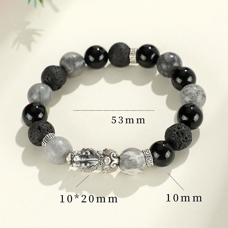 Buddha Stones 999 Sterling Silber PiXiu Schwarzer Onyx Grauer Jaspis Lavastein Schutzarmband - image 10