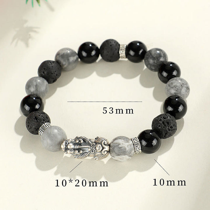 Buddha Stones 999 Sterling Silber PiXiu Schwarzer Onyx Grauer Jaspis Lavastein Schutzarmband - image 10