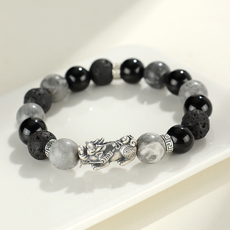 Buddha Stones 999 Sterling Silber PiXiu Schwarzer Onyx Grauer Jaspis Lavastein Schutzarmband - Schwarzer Onyx, grauer Jaspis und Lavagestein (Handgelenkumfang: 14-15 cm) - image 0