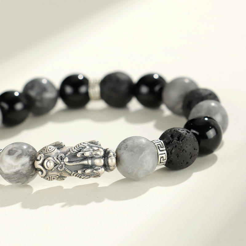 Buddha Stones 999 Sterling Silber PiXiu Schwarzer Onyx Grauer Jaspis Lavastein Schutzarmband - image 3