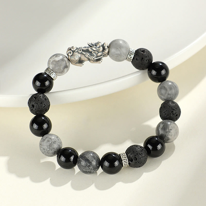Buddha Stones 999 Sterling Silber PiXiu Schwarzer Onyx Grauer Jaspis Lavastein Schutzarmband - image 2