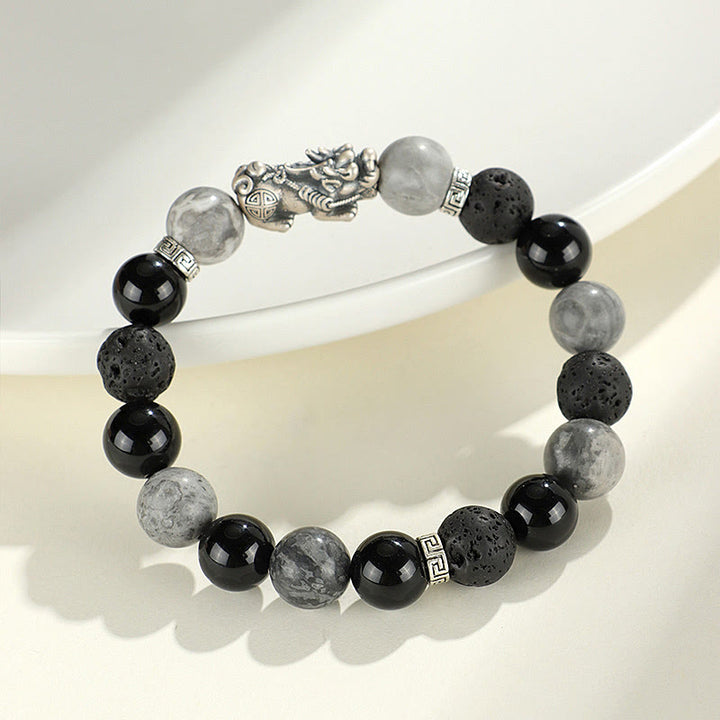 Buddha Stones 999 Sterling Silber PiXiu Schwarzer Onyx Grauer Jaspis Lavastein Schutzarmband - image 2