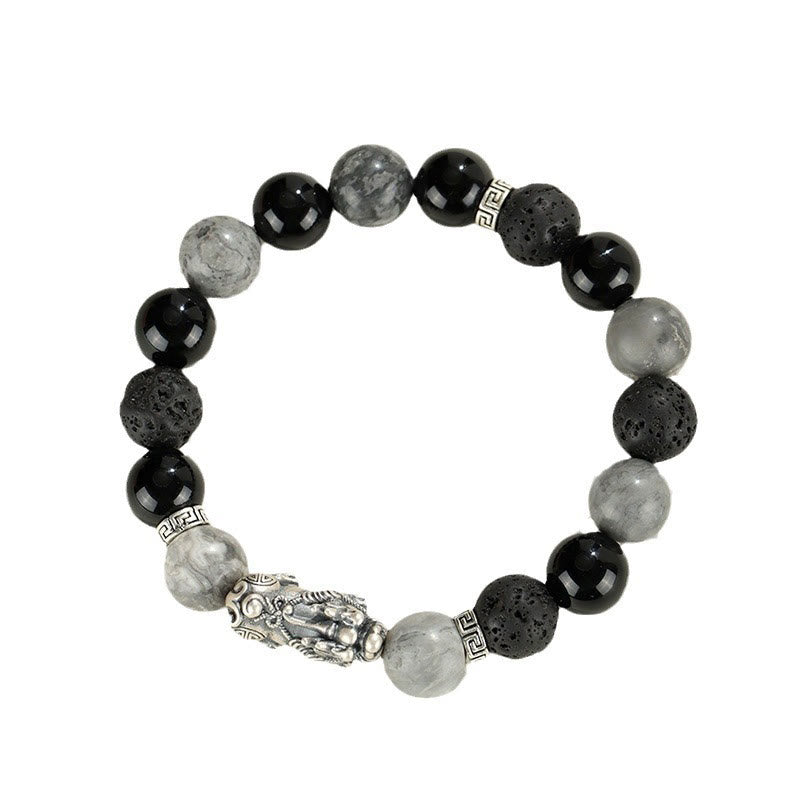 Buddha Stones 999 Sterling Silber PiXiu Schwarzer Onyx Grauer Jaspis Lavastein Schutzarmband - image 12