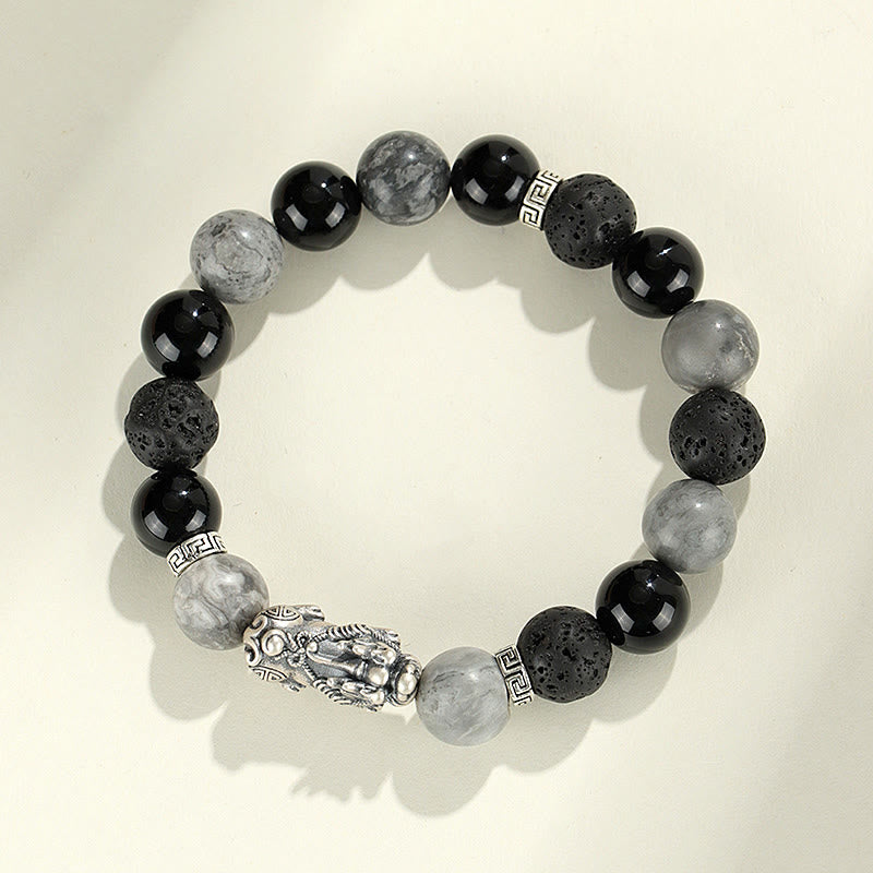 Buddha Stones 999 Sterling Silber PiXiu Schwarzer Onyx Grauer Jaspis Lavastein Schutzarmband - image 1