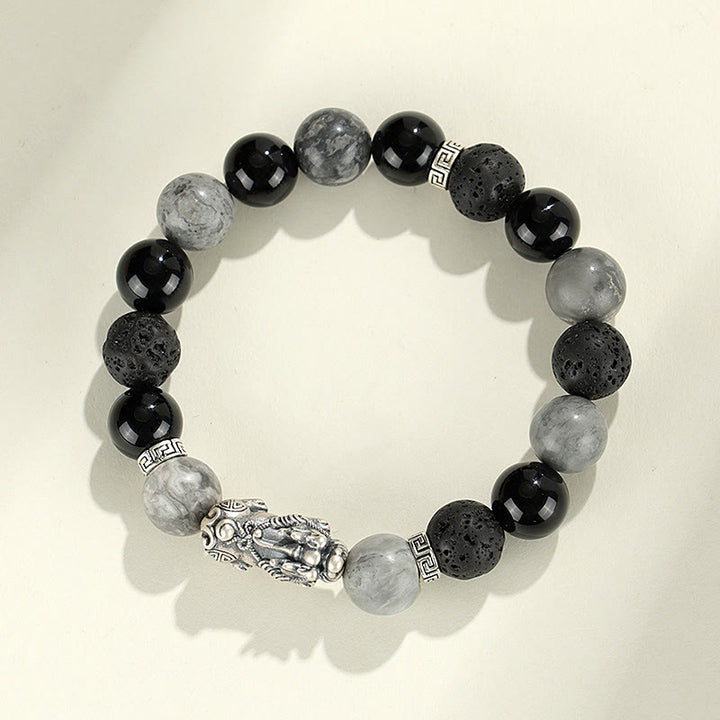 Buddha Stones 999 Sterling Silber PiXiu Schwarzer Onyx Grauer Jaspis Lavastein Schutzarmband - image 1