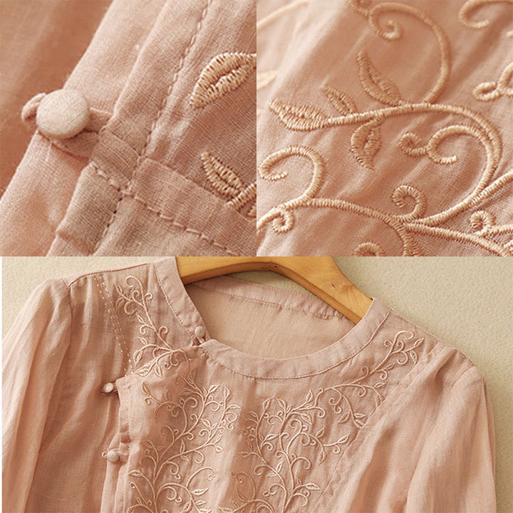 Buddha Stones Damenhemd aus Baumwolle und Leinen mit Frosch-Knopf-Stickerei und langen Ärmeln und schrägem Kragen - image 7