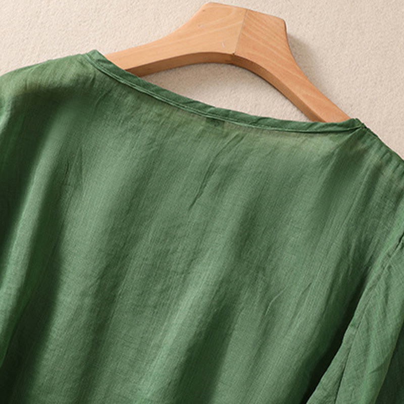 Buddha Stones Damen-T-Shirt mit künstlerischem, schlichtem, floralem Stickdesign, Rundhalsausschnitt, Puffärmeln, halblang, Baumwolle und Leinen - image 21