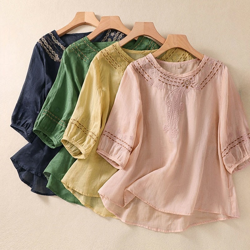 Buddha Stones Damen-T-Shirt mit künstlerischem, schlichtem, floralem Stickdesign, Rundhalsausschnitt, Puffärmeln, halblang, Baumwolle und Leinen - image 25