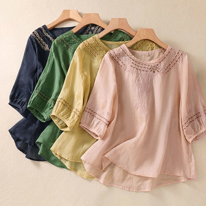 Buddha Stones Damen-T-Shirt mit künstlerischem, schlichtem, floralem Stickdesign, Rundhalsausschnitt, Puffärmeln, halblang, Baumwolle und Leinen - image 25