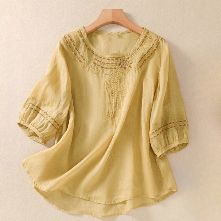 Buddha Stones Damen-T-Shirt mit künstlerischem, schlichtem, floralem Stickdesign, Rundhalsausschnitt, Puffärmeln, halblang, Baumwolle und Leinen - Khaki - US8-10， UK/AU12-14，EU40-42 (2XL) - image 12