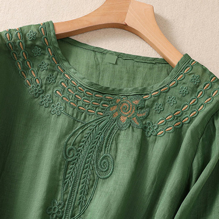 Buddha Stones Damen-T-Shirt mit künstlerischem, schlichtem, floralem Stickdesign, Rundhalsausschnitt, Puffärmeln, halblang, Baumwolle und Leinen - image 20