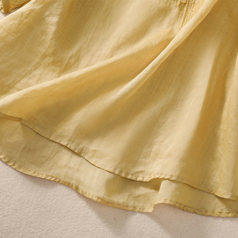 Buddha Stones Damen-T-Shirt mit künstlerischem, schlichtem, floralem Stickdesign, Rundhalsausschnitt, Puffärmeln, halblang, Baumwolle und Leinen - image 18