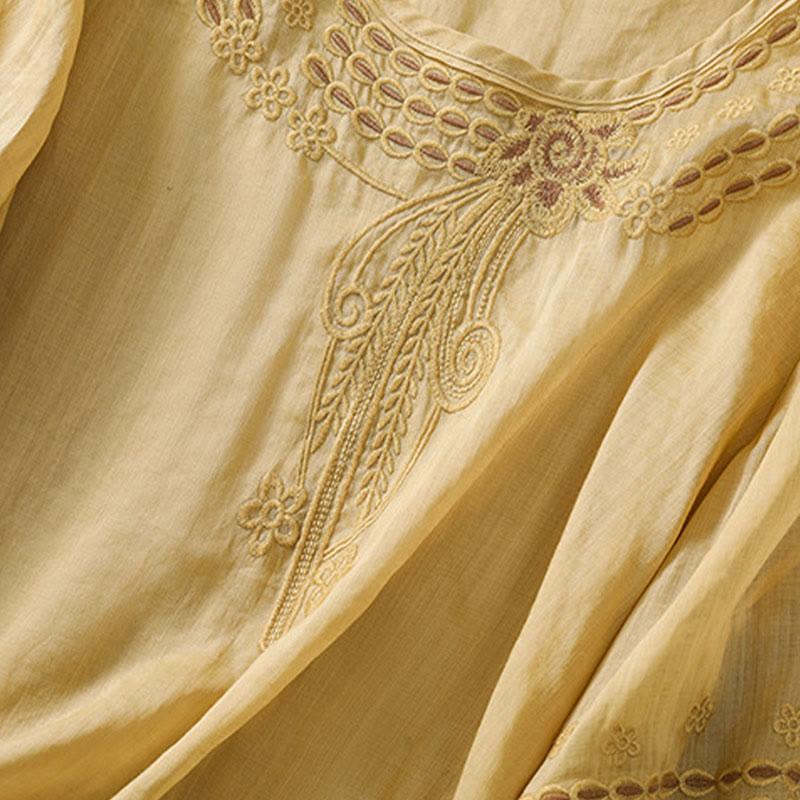 Buddha Stones Damen-T-Shirt mit künstlerischem, schlichtem, floralem Stickdesign, Rundhalsausschnitt, Puffärmeln, halblang, Baumwolle und Leinen - image 15