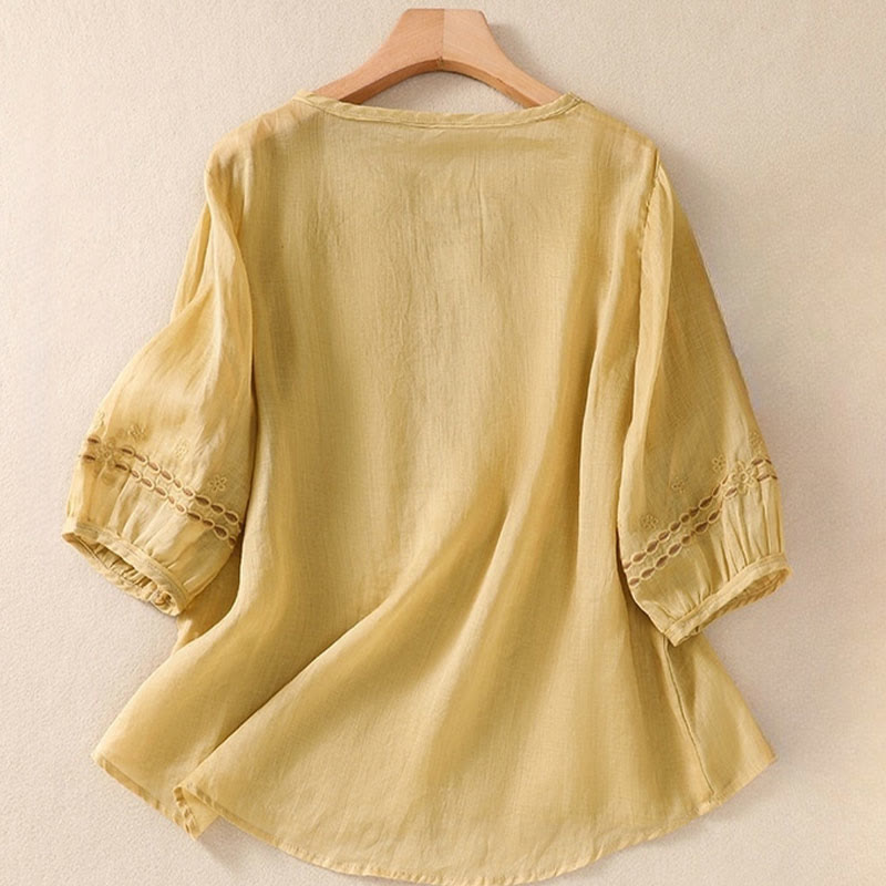 Buddha Stones Damen-T-Shirt mit künstlerischem, schlichtem, floralem Stickdesign, Rundhalsausschnitt, Puffärmeln, halblang, Baumwolle und Leinen - image 13