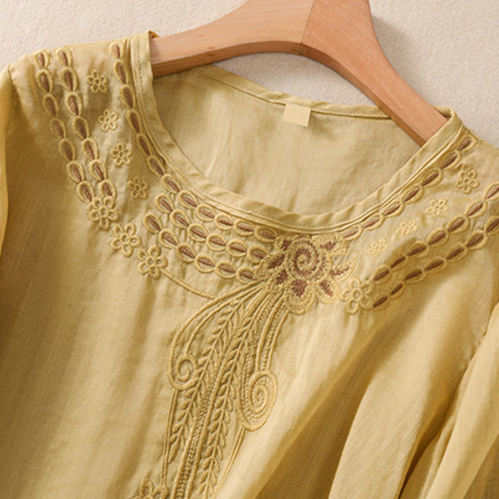 Buddha Stones Damen-T-Shirt mit künstlerischem, schlichtem, floralem Stickdesign, Rundhalsausschnitt, Puffärmeln, halblang, Baumwolle und Leinen - image 14