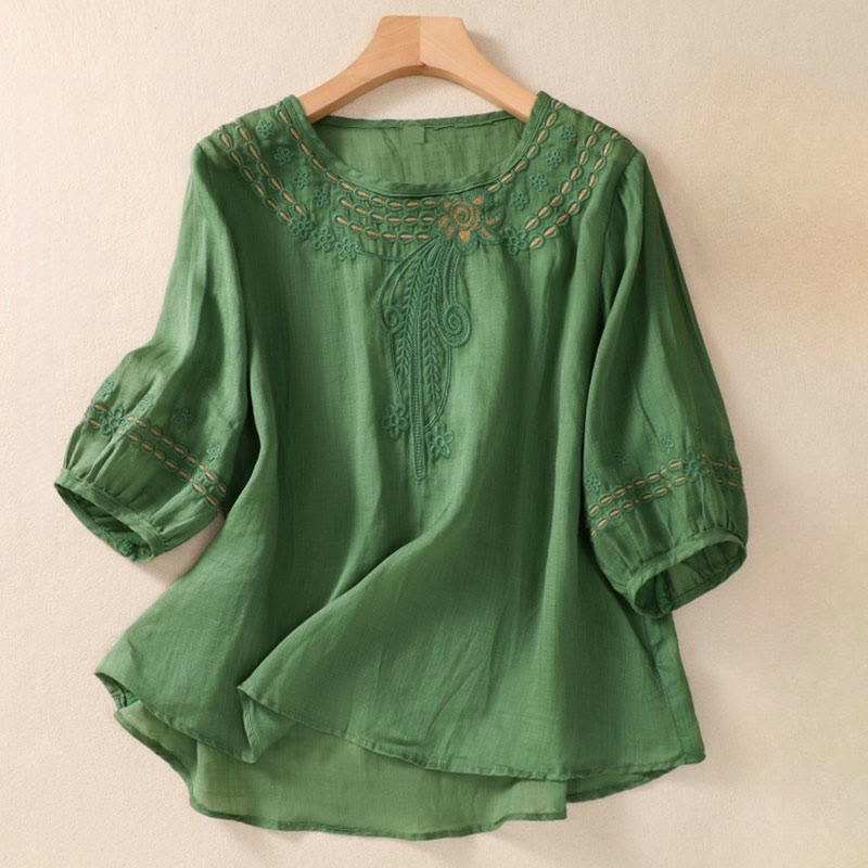 Buddha Stones Damen-T-Shirt mit künstlerischem, schlichtem, floralem Stickdesign, Rundhalsausschnitt, Puffärmeln, halblang, Baumwolle und Leinen - SeaGreen - US 8-10, UK/AU 12-14, EU 40-42 (2XL) - image 19