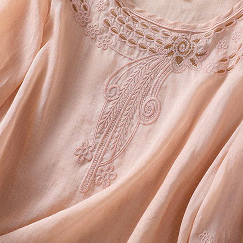 Buddha Stones Damen-T-Shirt mit künstlerischem, schlichtem, floralem Stickdesign, Rundhalsausschnitt, Puffärmeln, halblang, Baumwolle und Leinen - image 6