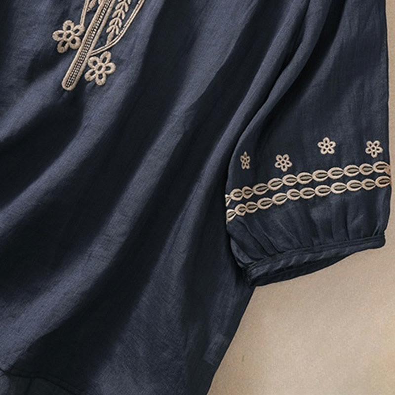 Buddha Stones Damen-T-Shirt mit künstlerischem, schlichtem, floralem Stickdesign, Rundhalsausschnitt, Puffärmeln, halblang, Baumwolle und Leinen - image 3