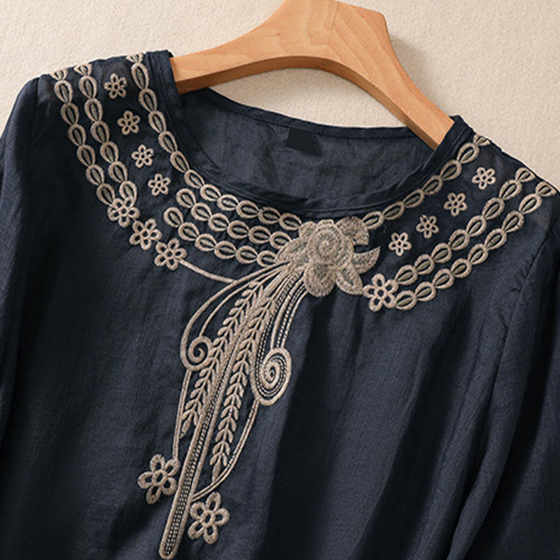 Buddha Stones Damen-T-Shirt mit künstlerischem, schlichtem, floralem Stickdesign, Rundhalsausschnitt, Puffärmeln, halblang, Baumwolle und Leinen - image 2