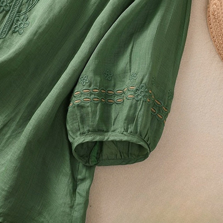 Buddha Stones Damen-T-Shirt mit künstlerischem, schlichtem, floralem Stickdesign, Rundhalsausschnitt, Puffärmeln, halblang, Baumwolle und Leinen - image 23