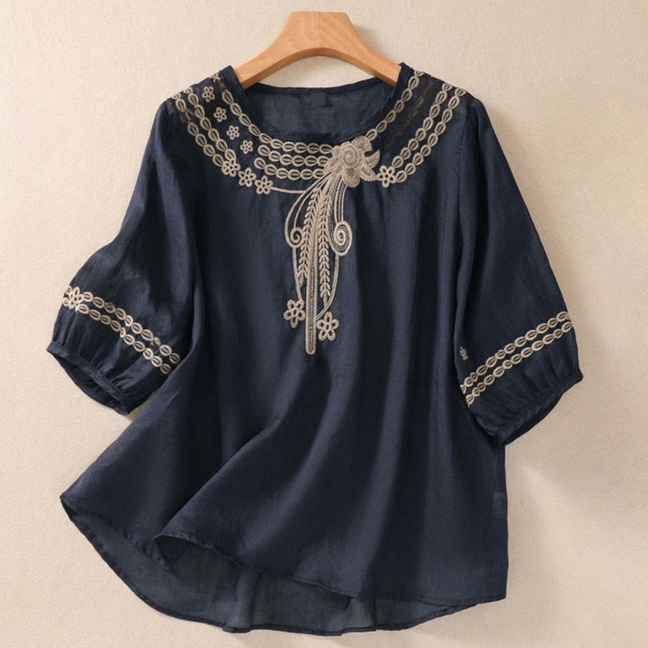 Buddha Stones Damen-T-Shirt mit künstlerischem, schlichtem, floralem Stickdesign, Rundhalsausschnitt, Puffärmeln, halblang, Baumwolle und Leinen - Dunkelschieferblau - US 8-10, UK/AU 12-14, EU 40-42 (2XL) - image 0