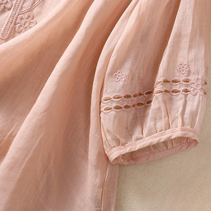 Buddha Stones Damen-T-Shirt mit künstlerischem, schlichtem, floralem Stickdesign, Rundhalsausschnitt, Puffärmeln, halblang, Baumwolle und Leinen - image 9