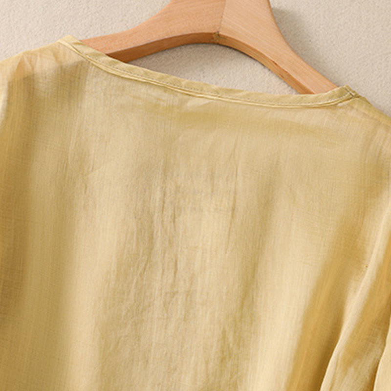 Buddha Stones Damen-T-Shirt mit künstlerischem, schlichtem, floralem Stickdesign, Rundhalsausschnitt, Puffärmeln, halblang, Baumwolle und Leinen - image 16