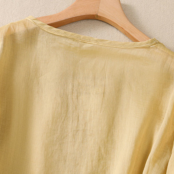 Buddha Stones Damen-T-Shirt mit künstlerischem, schlichtem, floralem Stickdesign, Rundhalsausschnitt, Puffärmeln, halblang, Baumwolle und Leinen - image 16