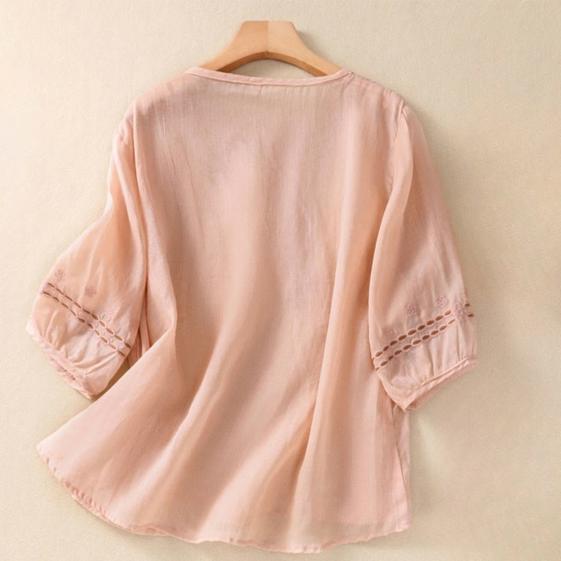 Buddha Stones Damen-T-Shirt mit künstlerischem, schlichtem, floralem Stickdesign, Rundhalsausschnitt, Puffärmeln, halblang, Baumwolle und Leinen - MistyRose - US8-10， UK/AU12-14，EU40-42 (2XL) - image 5