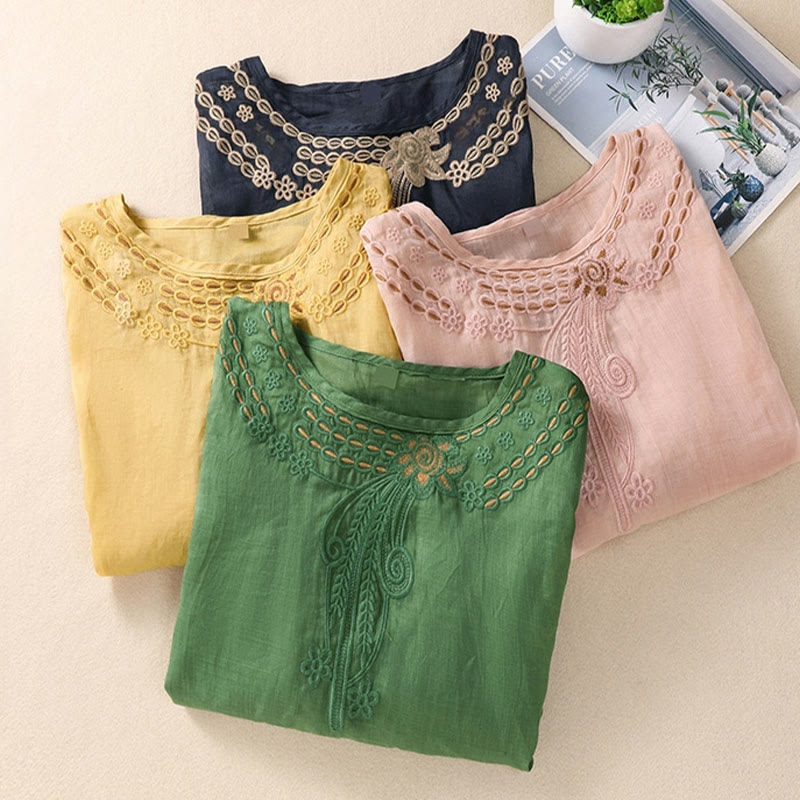 Buddha Stones ​​– Künstlerisches, schlichtes, floral besticktes Design – Damen-T-Shirt mit Rundhalsausschnitt und Puffärmeln (halbe Ärmel) - image 26