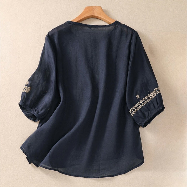 Buddha Stones Damen-T-Shirt mit künstlerischem, schlichtem, floralem Stickdesign, Rundhalsausschnitt, Puffärmeln, halblang, Baumwolle und Leinen - image 1