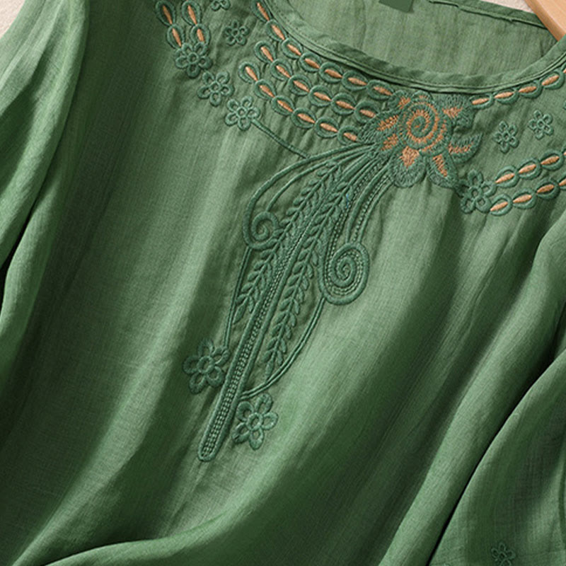 Buddha Stones Damen-T-Shirt mit künstlerischem, schlichtem, floralem Stickdesign, Rundhalsausschnitt, Puffärmeln, halblang, Baumwolle und Leinen - image 22