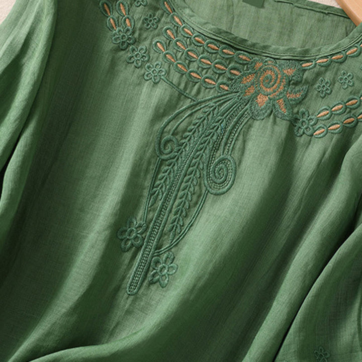 Buddha Stones Damen-T-Shirt mit künstlerischem, schlichtem, floralem Stickdesign, Rundhalsausschnitt, Puffärmeln, halblang, Baumwolle und Leinen - image 22