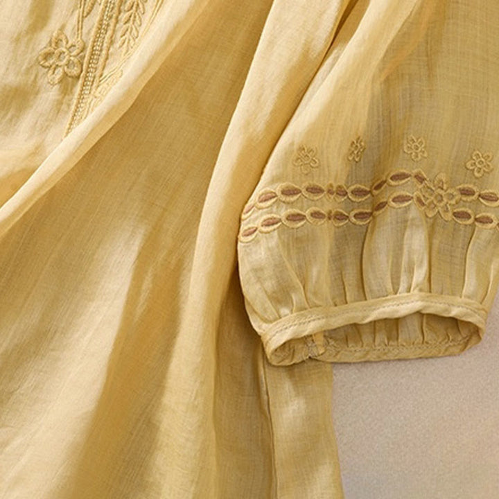 Buddha Stones Damen-T-Shirt mit künstlerischem, schlichtem, floralem Stickdesign, Rundhalsausschnitt, Puffärmeln, halblang, Baumwolle und Leinen - image 17