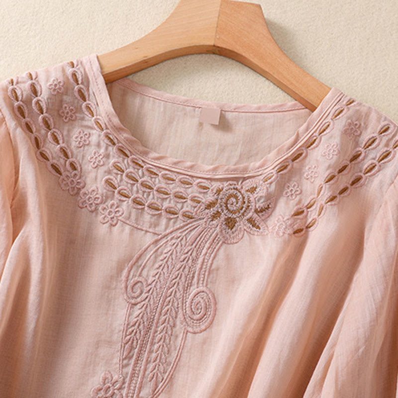 Buddha Stones Damen-T-Shirt mit künstlerischem, schlichtem, floralem Stickdesign, Rundhalsausschnitt, Puffärmeln, halblang, Baumwolle und Leinen - image 7