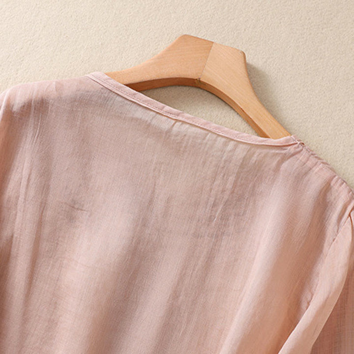 Buddha Stones Damen-T-Shirt mit künstlerischem, schlichtem, floralem Stickdesign, Rundhalsausschnitt, Puffärmeln, halblang, Baumwolle und Leinen - image 8