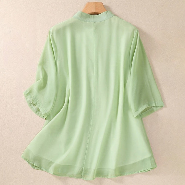 Buddha Stones ​​Stickerei Pflanzen Blume Halbarm Plain Frosch-Knopf Stehkragen Damen Shirt - image 1