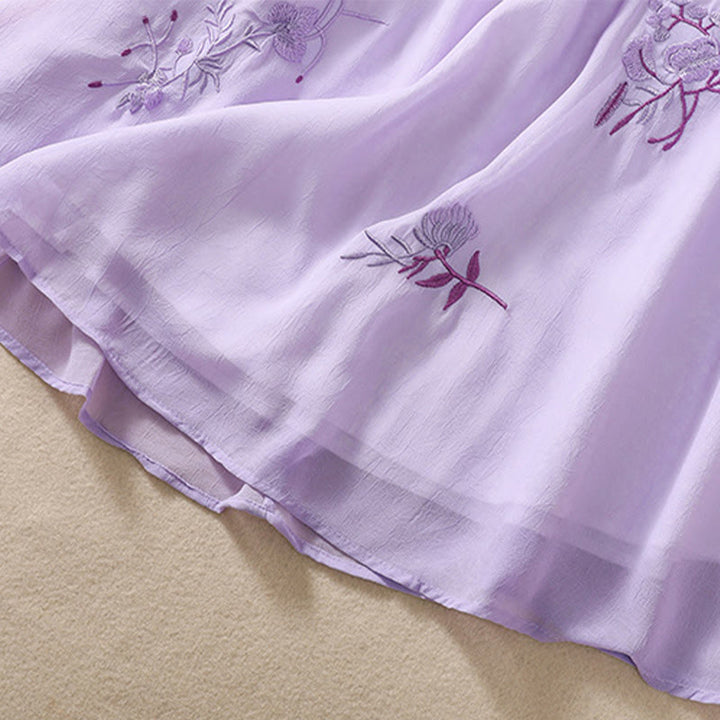 Buddha Stones ​​Stickerei Pflanzen Blume Halbarm Plain Frosch-Knopf Stehkragen Damen Shirt - image 25