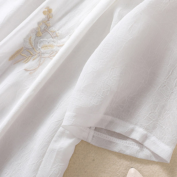 Buddha Stones ​​Stickerei Pflanzen Blume Halbarm Plain Frosch-Knopf Stehkragen Damen Shirt - image 15