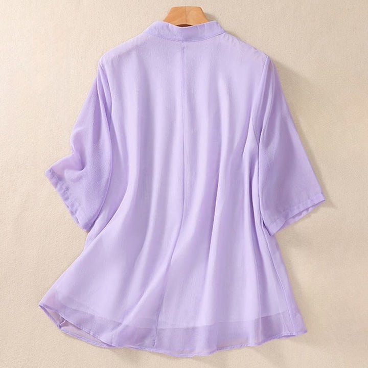 Buddha Stones ​​Stickerei Pflanzen Blume Halbarm Plain Frosch-Knopf Stehkragen Damen Shirt - image 20