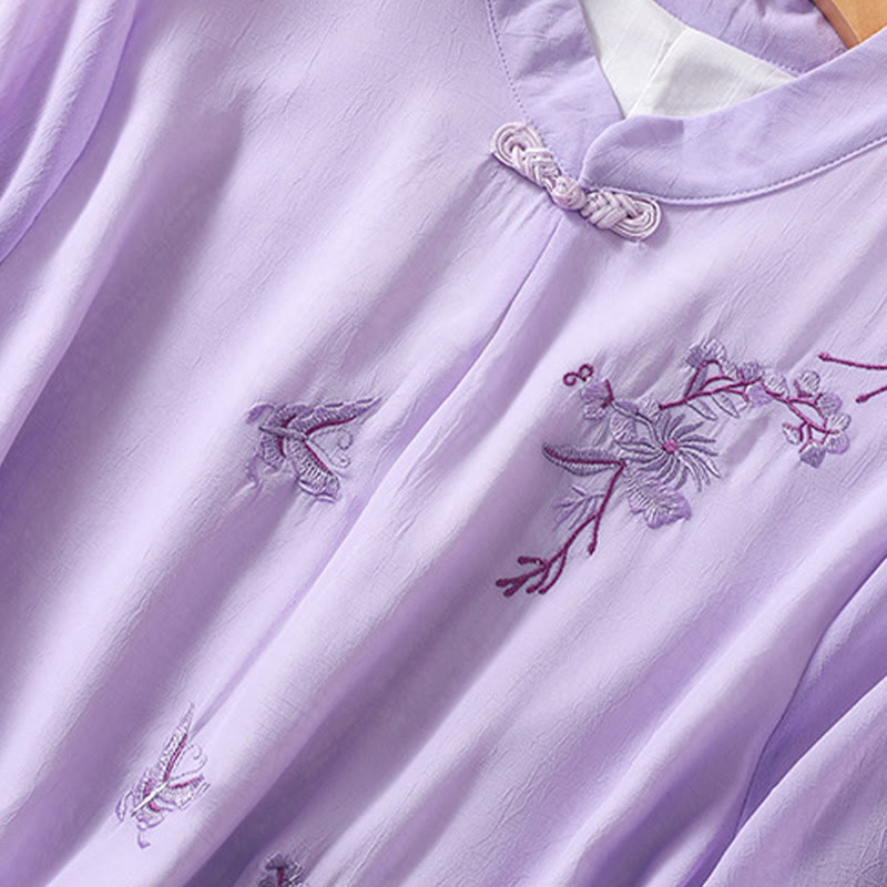 Buddha Stones ​​Stickerei Pflanzen Blume Halbarm Plain Frosch-Knopf Stehkragen Damen Shirt - image 22