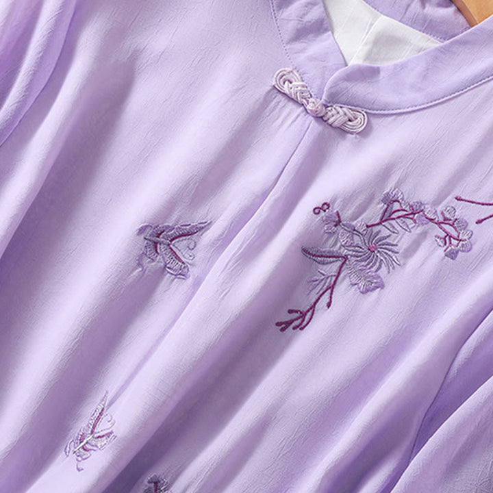 Buddha Stones ​​Stickerei Pflanzen Blume Halbarm Plain Frosch-Knopf Stehkragen Damen Shirt - image 22