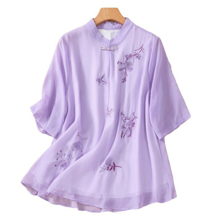 Buddha Stones ​​Stickerei Pflanzen Blume Halbarm Plain Frosch-Knopf Stehkragen Damen Shirt - image 26