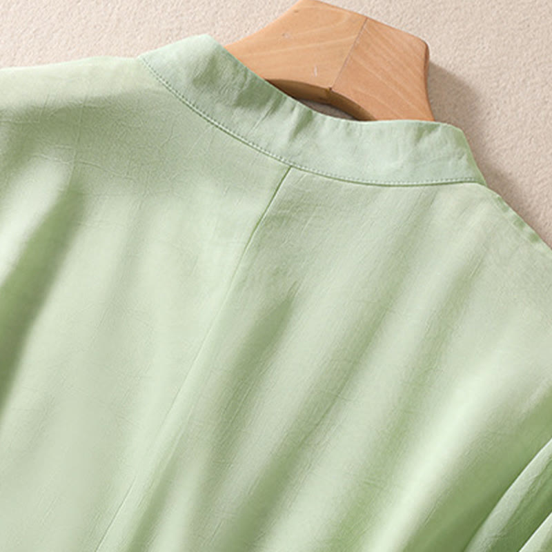 Buddha Stones ​​Stickerei Pflanzen Blume Halbarm Plain Frosch-Knopf Stehkragen Damen Shirt - image 4