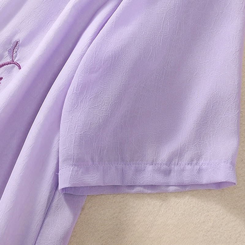 Buddha Stones ​​Stickerei Pflanzen Blume Halbarm Plain Frosch-Knopf Stehkragen Damen Shirt - image 24